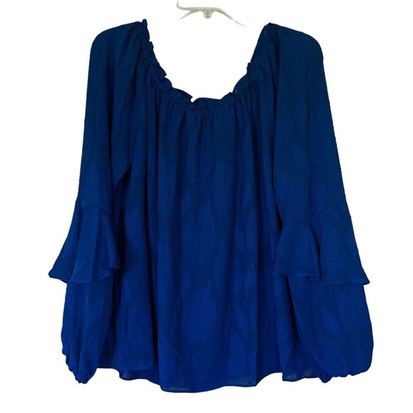 MICHAEL Michael Kors Navy Blue Leaf Jacquard Off-The-Shoulder Blouse (Size L) - Picture 3 of 16